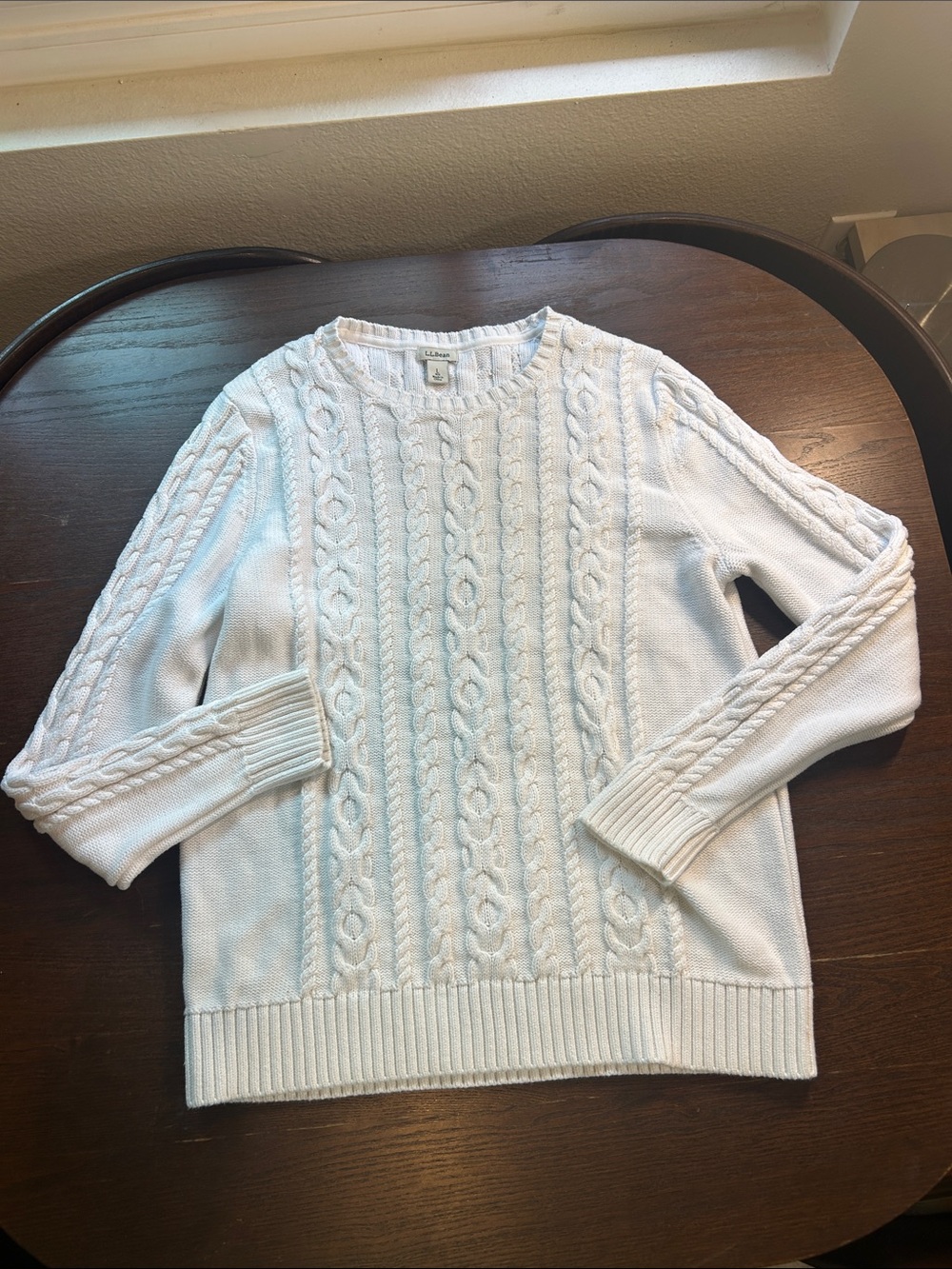 LL BEAN Cable Knit Crewneck Sweater - White size L